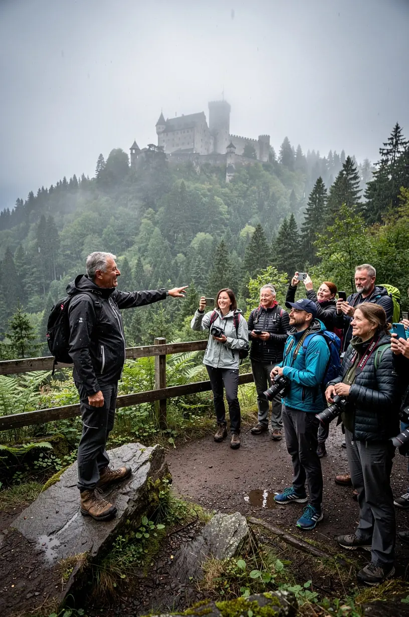 Fotografie eines Reisenden, der eine gedruckte, detaillierte Reiseroute in der Hand hält und unterwegs regionale Highlights erkundet.